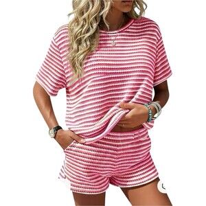 Fisoew Striped 2-Piece Shorts Knit Set Large Pink Short Sleeve Shirt Pockets NWT